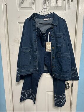 DG2 by Diane Gilman Dark Blue Denim Jacket and Jeans Set with Stud Accents